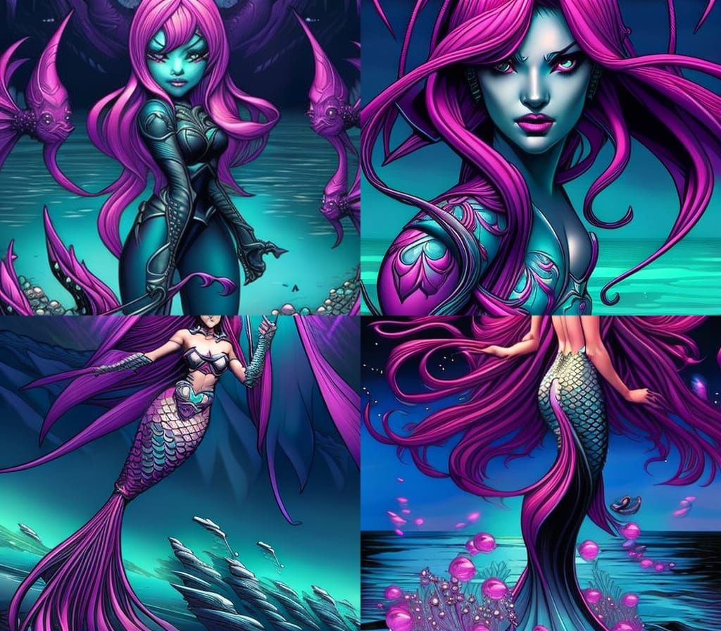 Evil Mermaid with Pink Hair in Comic Book Art