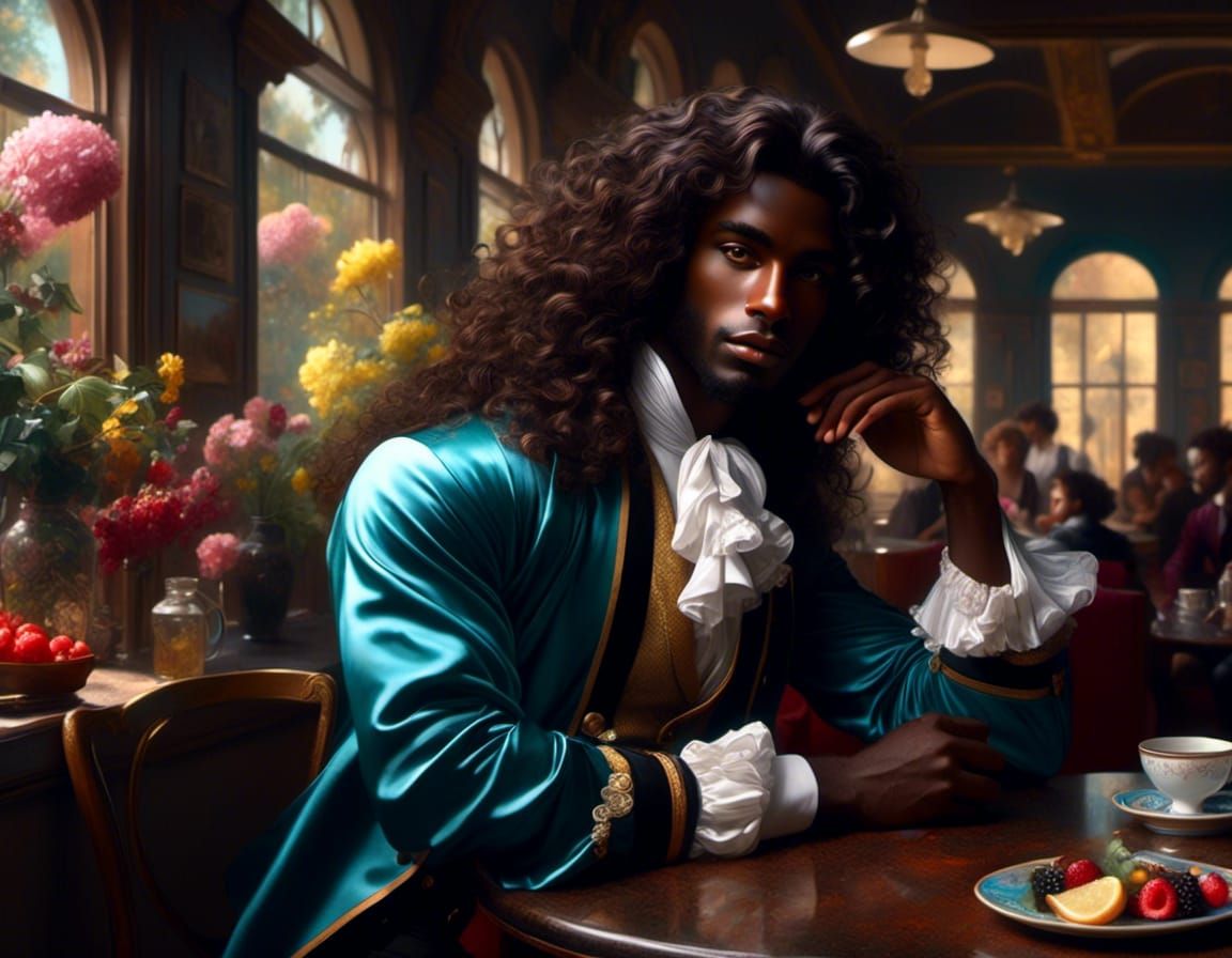 Pastel Portrait of Man in Cafe, 3D Rendered