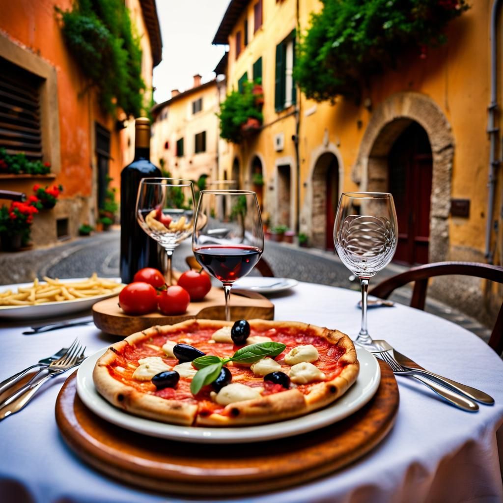Italian Trattoria Table with Pizza and Antipasti