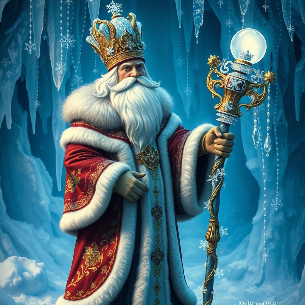 Regal Father Frost in Ice Palace with Frosty Carvings and Gl...