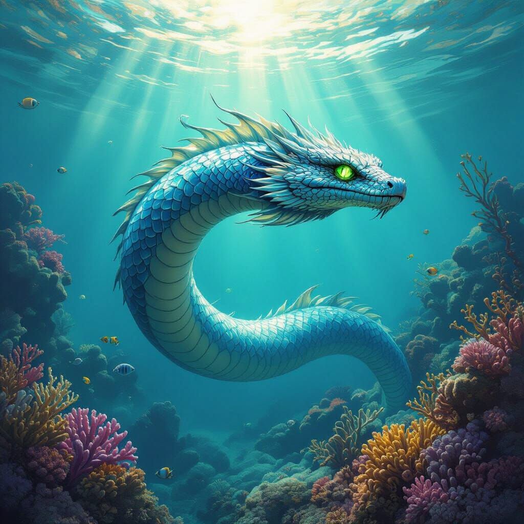 Sea Serpent Dives Through Coral Reef in Luminous Fantasy Art