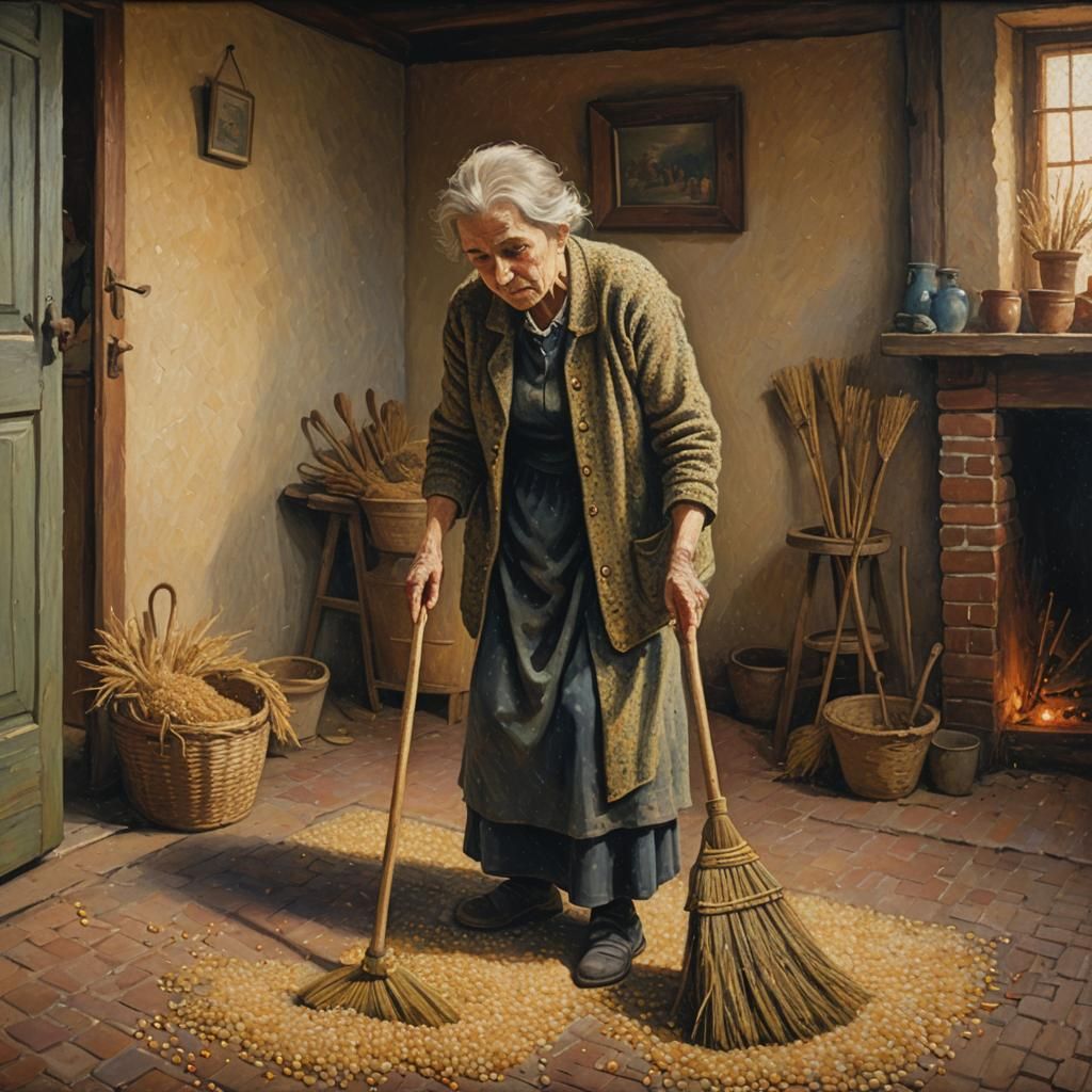 Elderly Woman Sweeping: A Pointillist Impression
