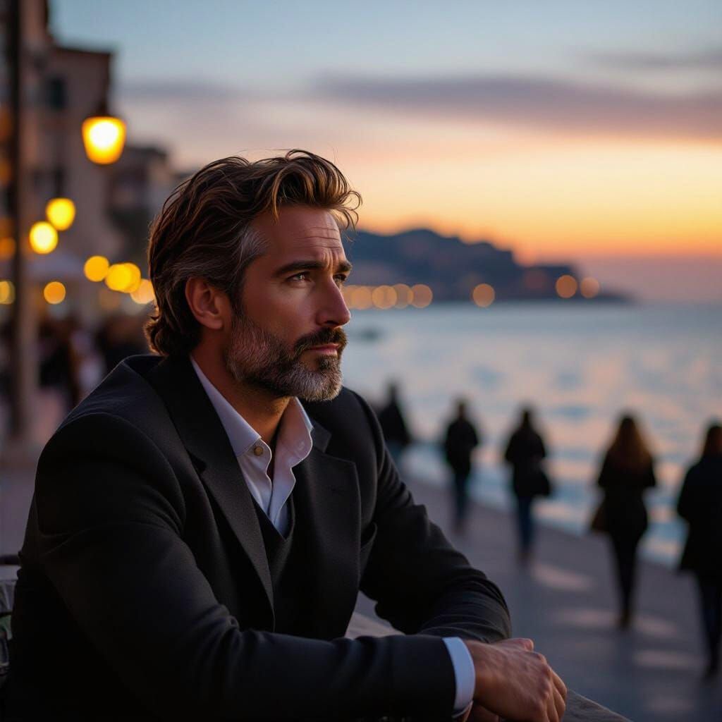 Man Contemplates Blonde Woman at Sunset in Cinematic Style