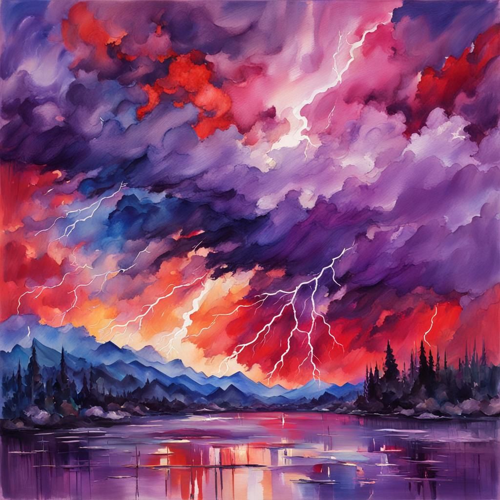 Dramatic Lightning Storm in Gouache Watercolor Style