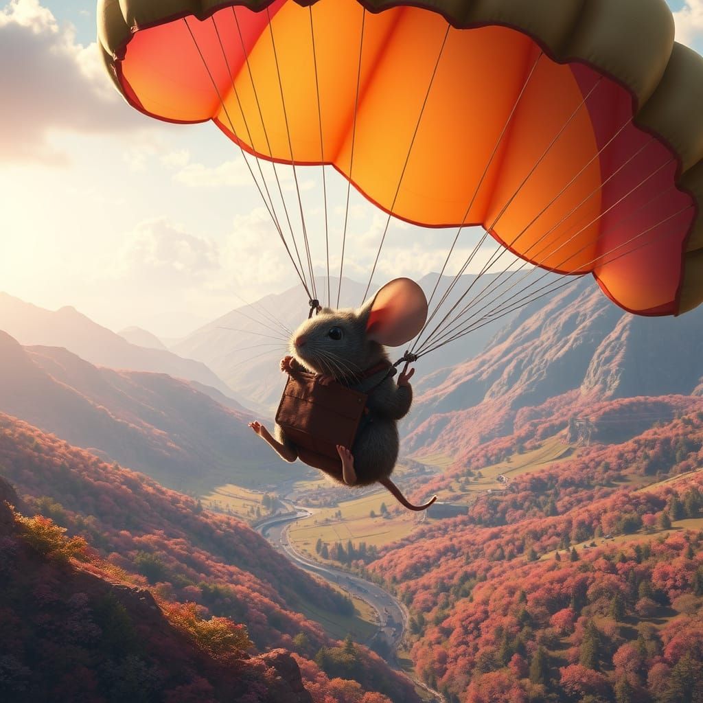 Mouse Parasailing Over Lush Valley, Digital Art