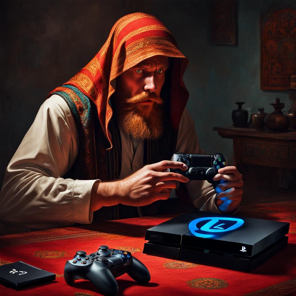 Bearded Man Playing PS4 in Shadow