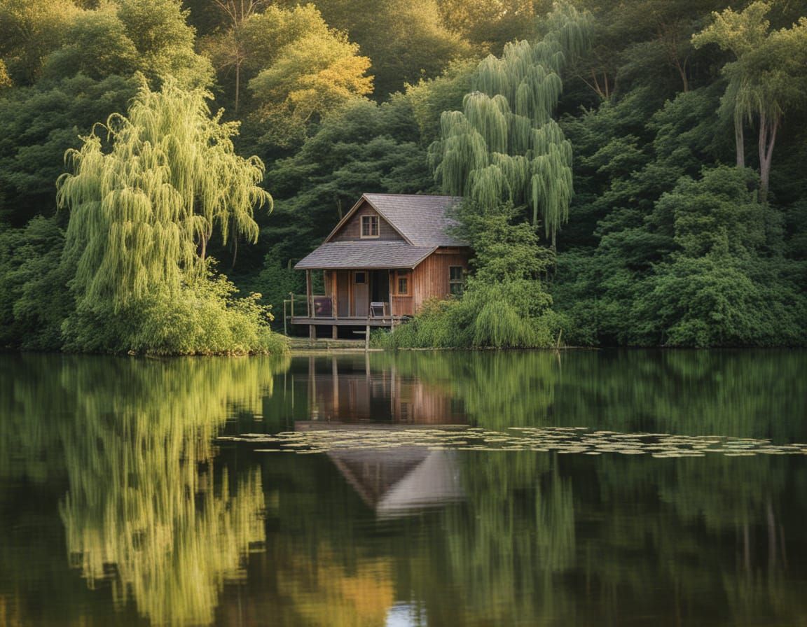 Peaceful Lakeside Cottage in Watercolor Style