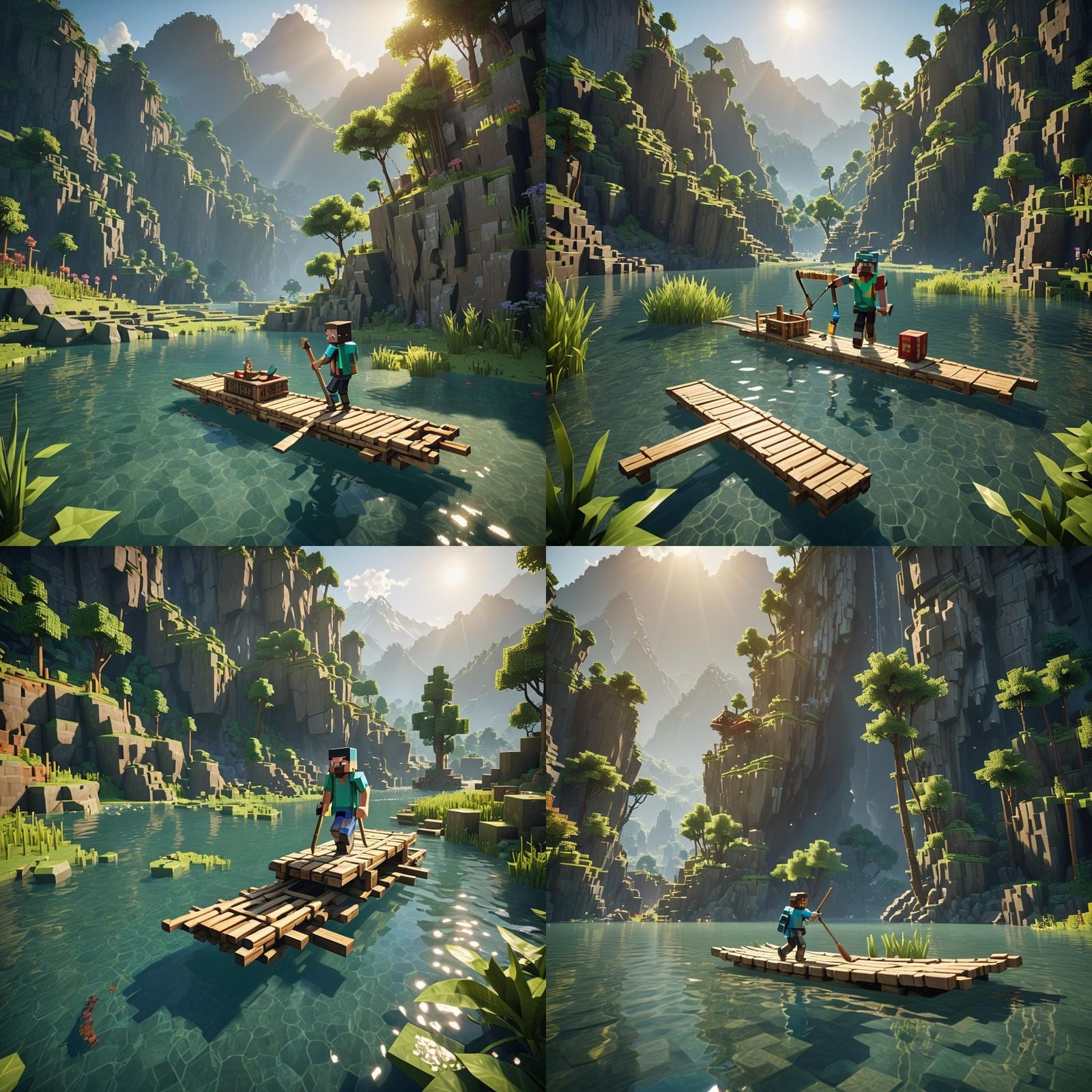 Minecraft.  Steve riding on a bamboo raft in a high mountain lake with sunshine.