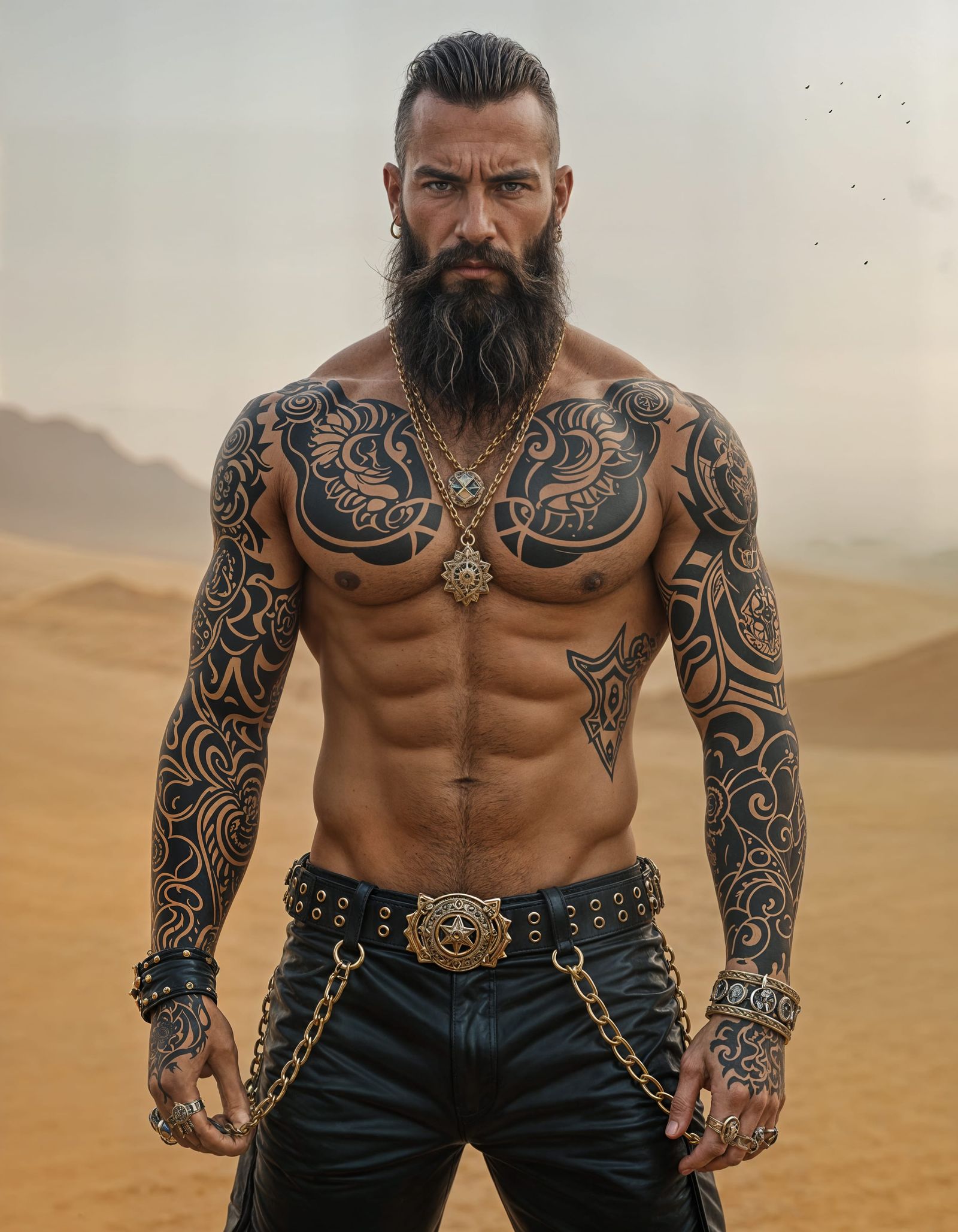 Rugged Man in Desert Landscape, Dystopian Realism Style