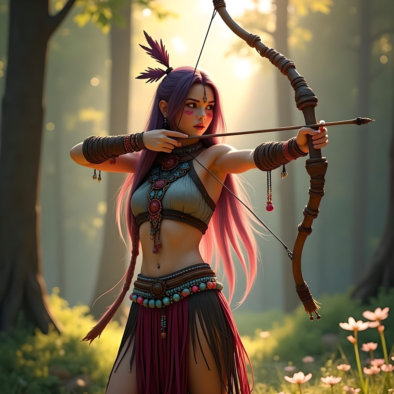 Native American Woman Drawing Bow in 3D Anime Style