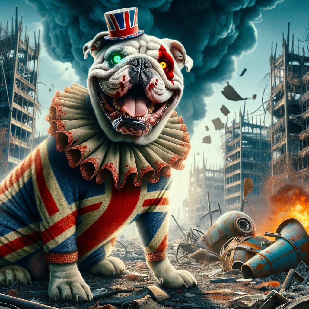 Zombie Bulldog Clown Maniacally Grinning in Apocalyptic Scen...