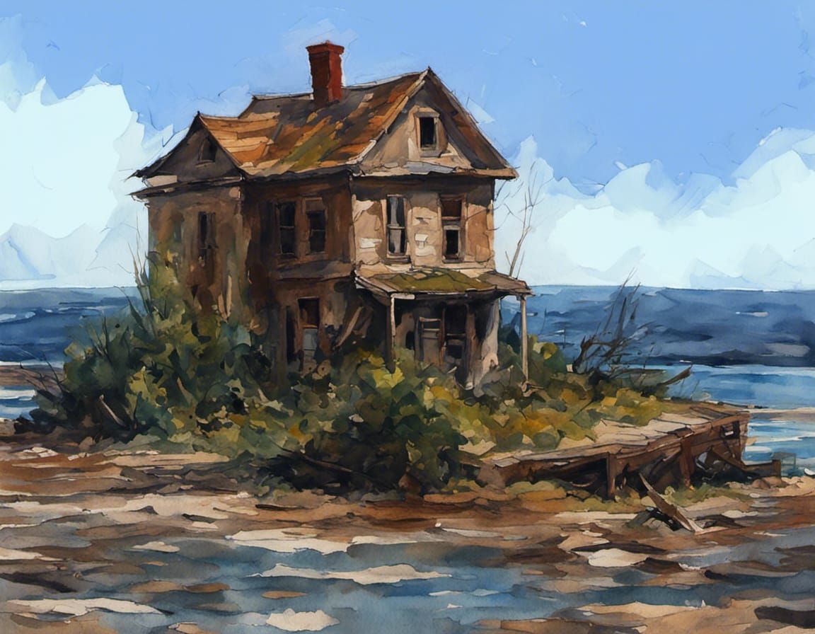 Abandoned Island House: Gouache Watercolor Impressionist Pai...