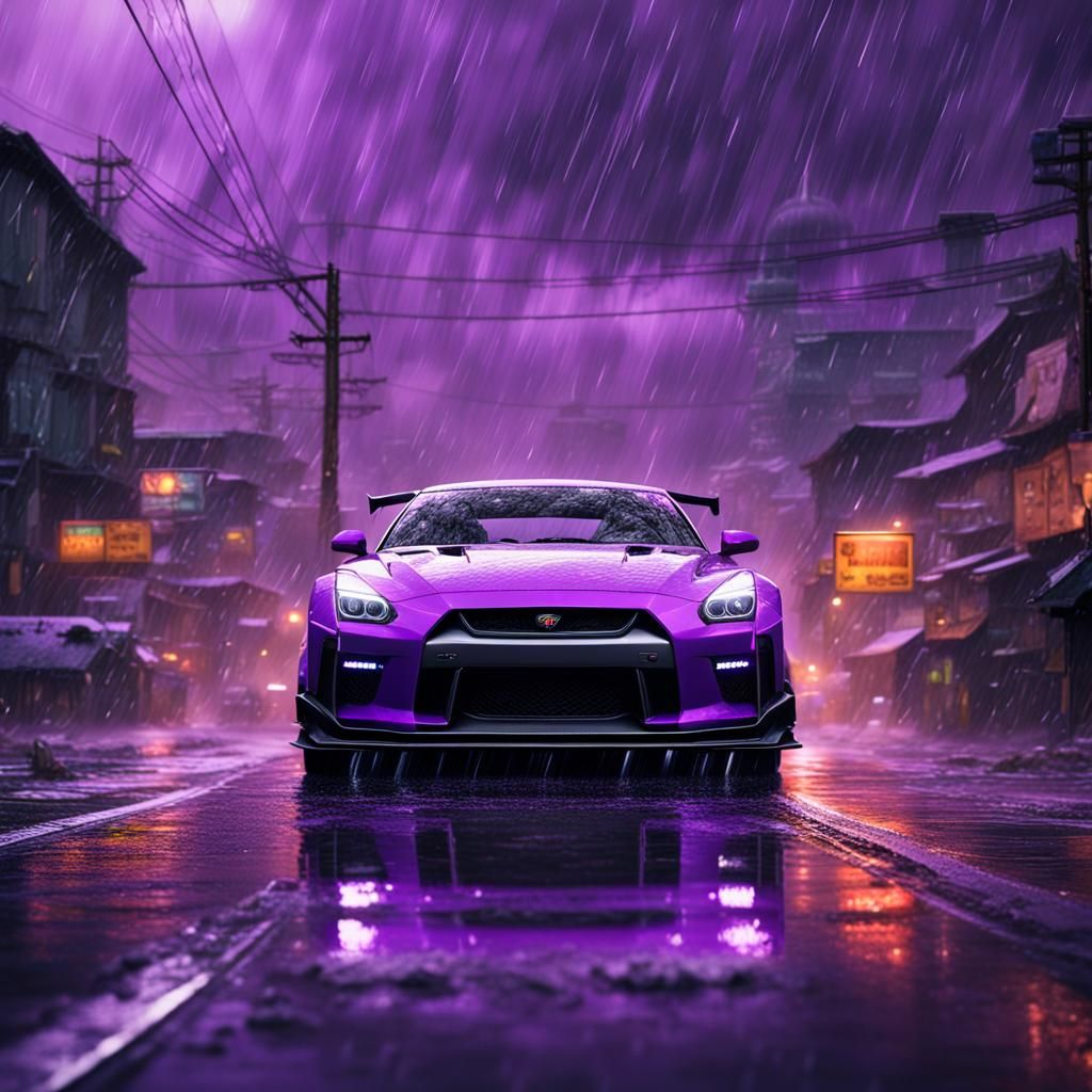 Purple GTR in Rainfall: Detailed Matte Painting