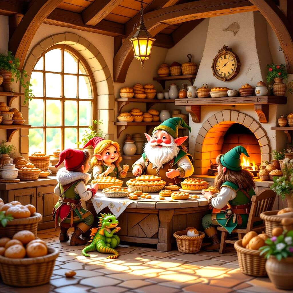 Cozy Halfling Bakery with Dragon, Golden Line Art