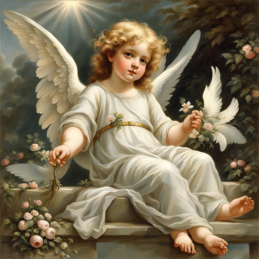 The image of the little angel is full of classical elegance and delicacy. The cherub is depicted as a girl with perfect ...