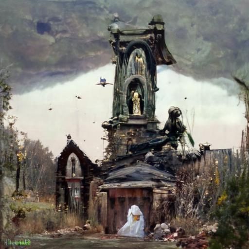 Abandoned Church and Cemetery with Angel Statues