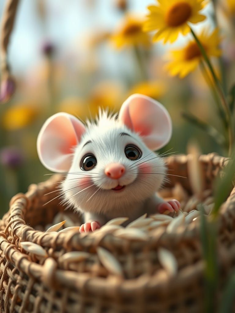 Whimsical Mouse Peeking from Rice Sack in Vibrant Animated S...