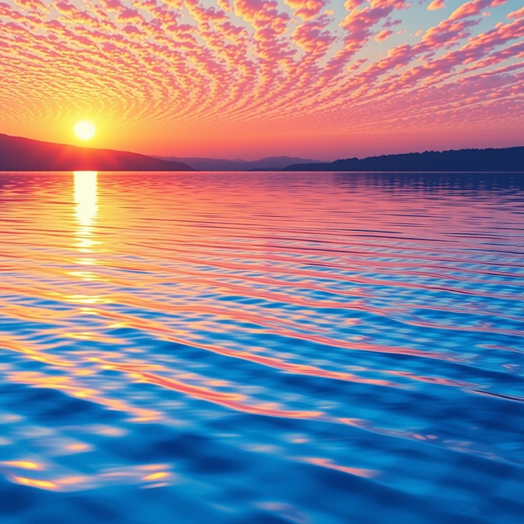 Surreal Sunset Lake Scene in Vibrant Gingham and Checkered P...