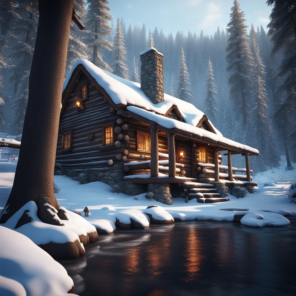 Log Cabin in Snowy Forest: Detailed Matte Painting