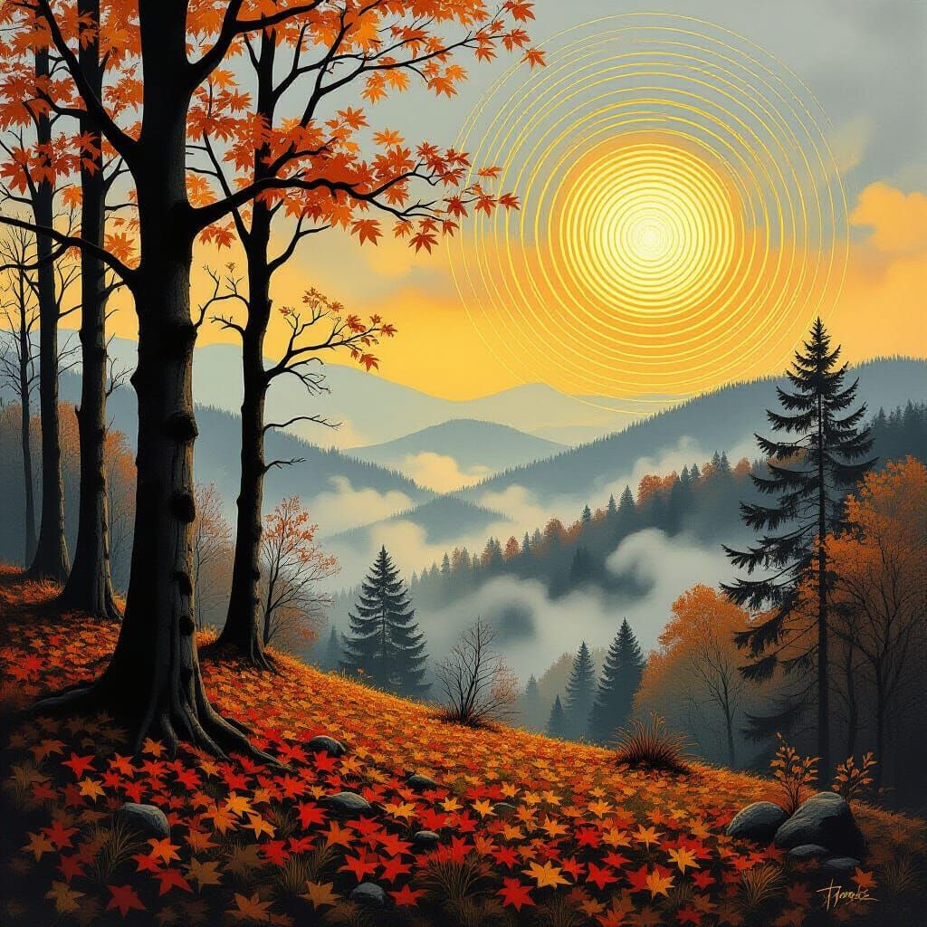 Autumnal Forest with Golden Sun, Fantasy Art Style