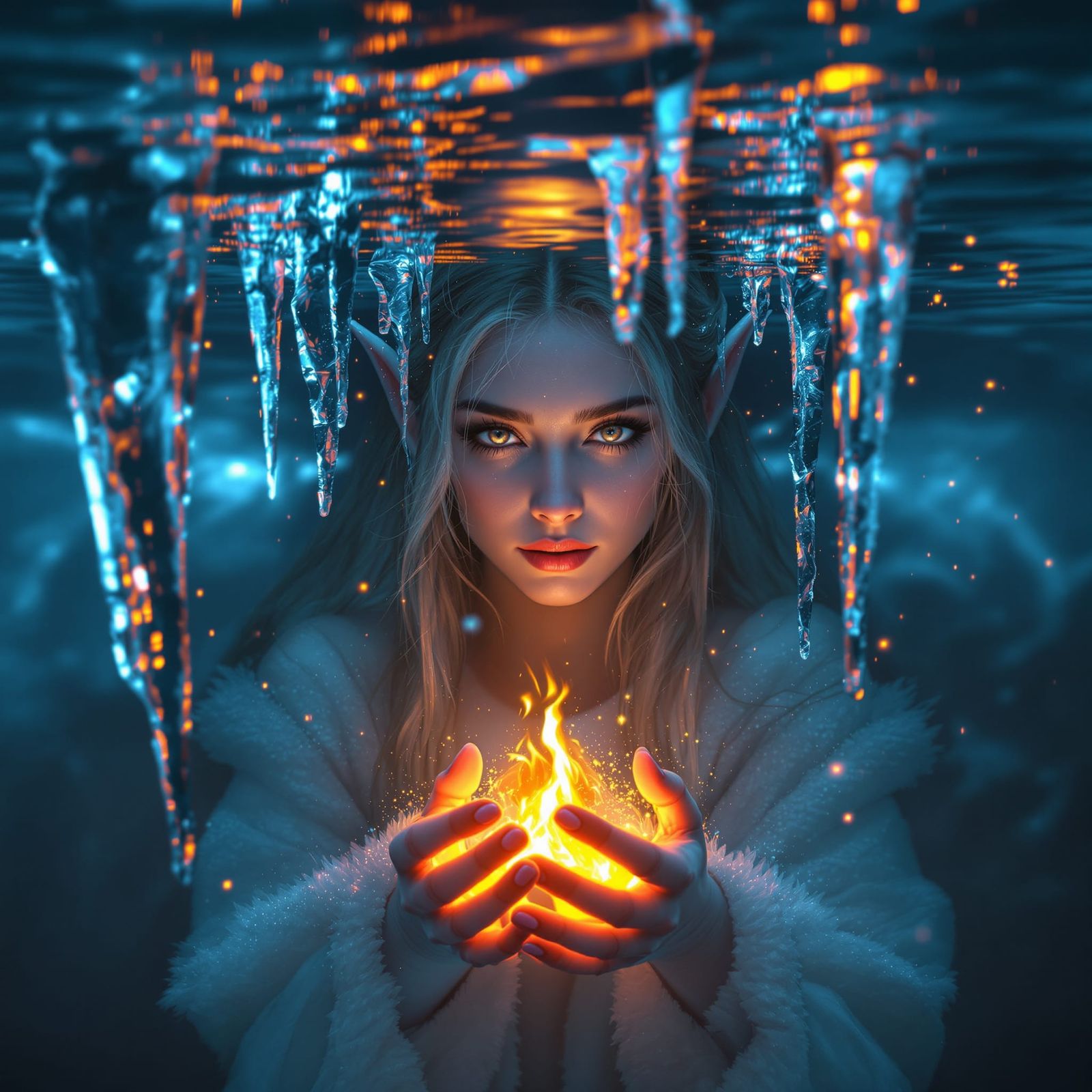 Elven Woman's Flame Under Frozen Lake