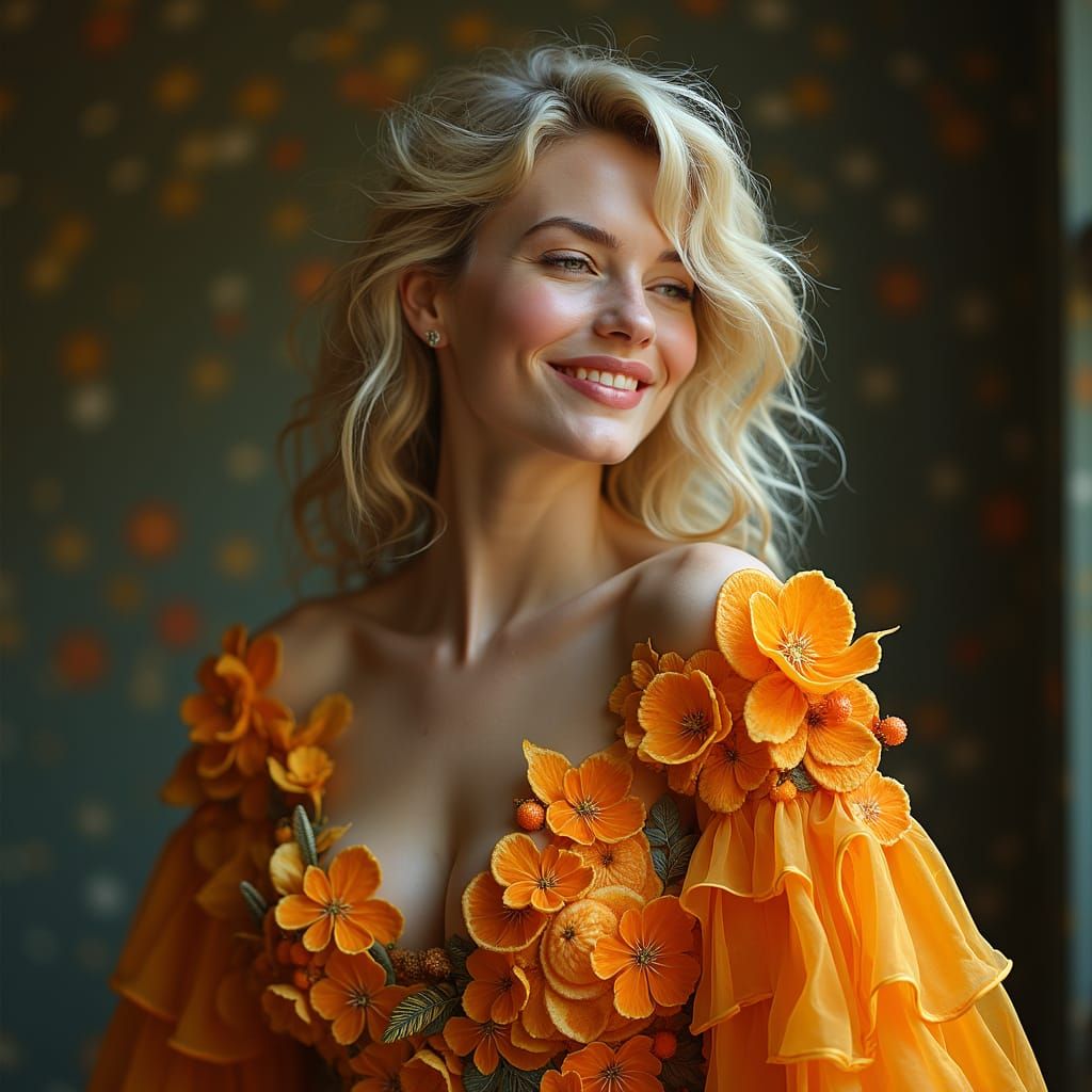 European Woman in Orange Robe, Smiling with Delicate Feature...