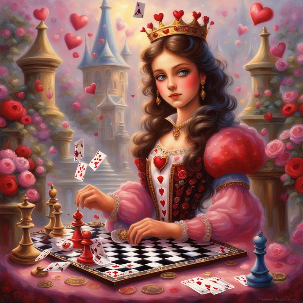 Brunette Queen of Hearts on Chessboard in Ethereal Style
