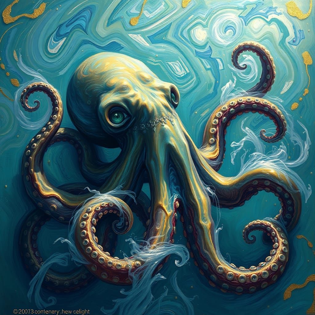 Surreal Octopus with Iridescent Tentacles in Post-Impression...
