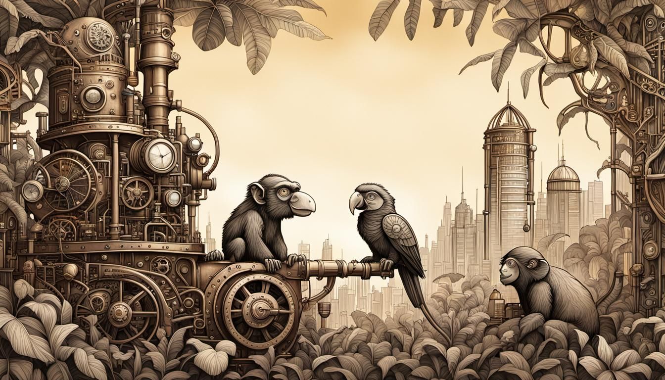 Steampunk Engine in Jungle Illustration