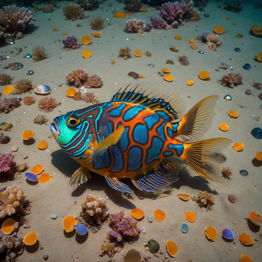 Vibrant Mandarinfish in Bioluminescent Underwater Scene