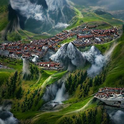 Swiss Alps Mountain Town: Detailed Matte Painting