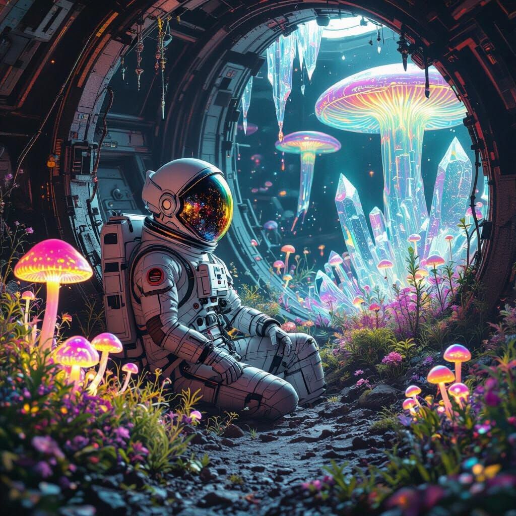 Astronaut in Bioluminescent Jungle, Retro-Futuristic Style