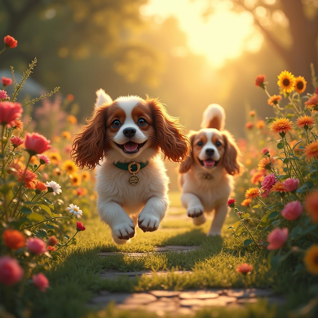 Joyful Dogs Play in a Vibrant Garden at Sunset