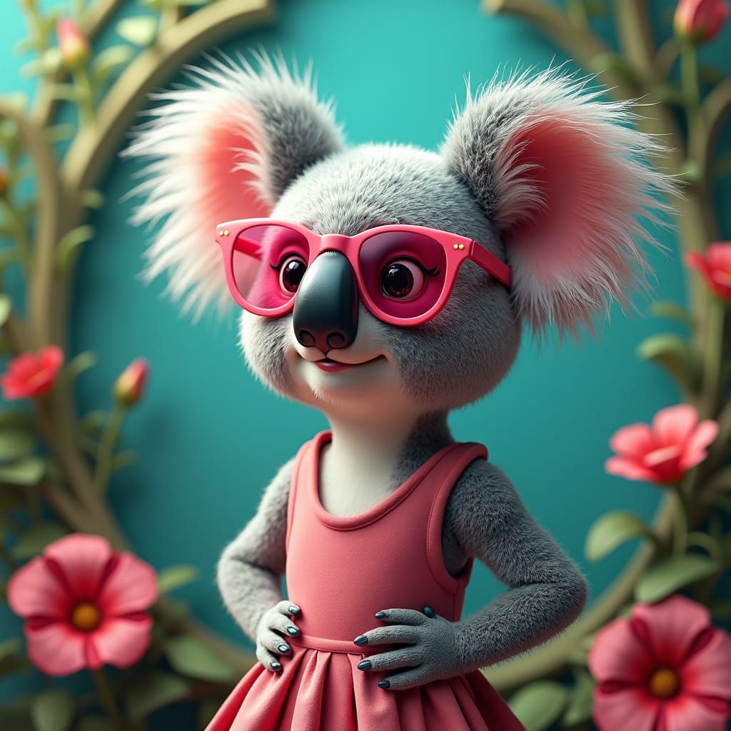 Whimsical Koala Girl in Pink Sunglasses, Matte Painting