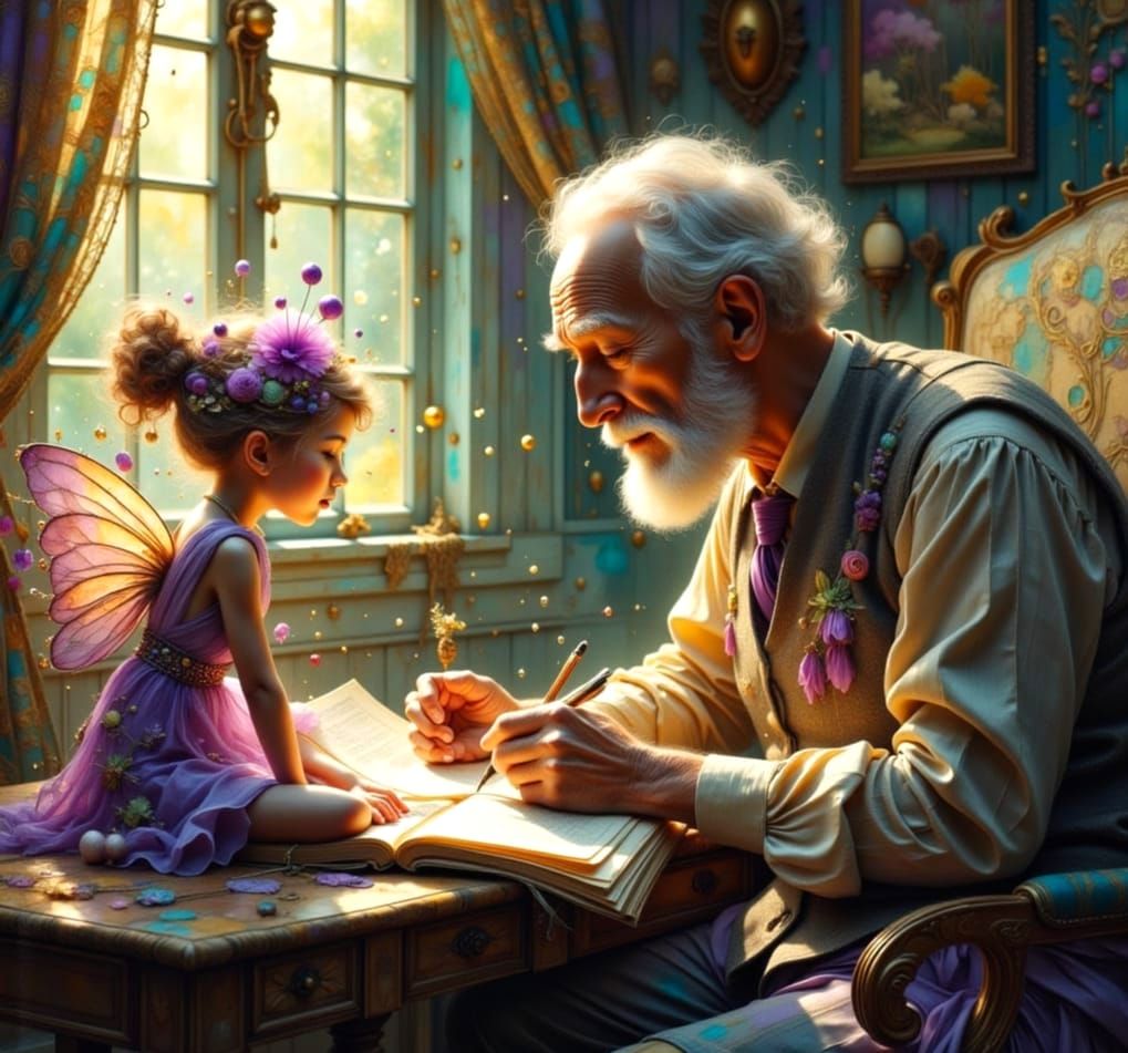 Elderly Musician with Whimsical Fairy Companion