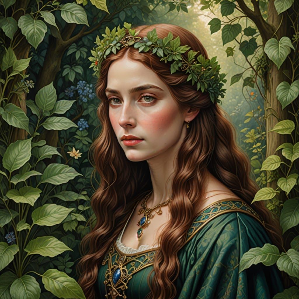 Medieval Queen in Lush Foliage, Pre-Raphaelite Style