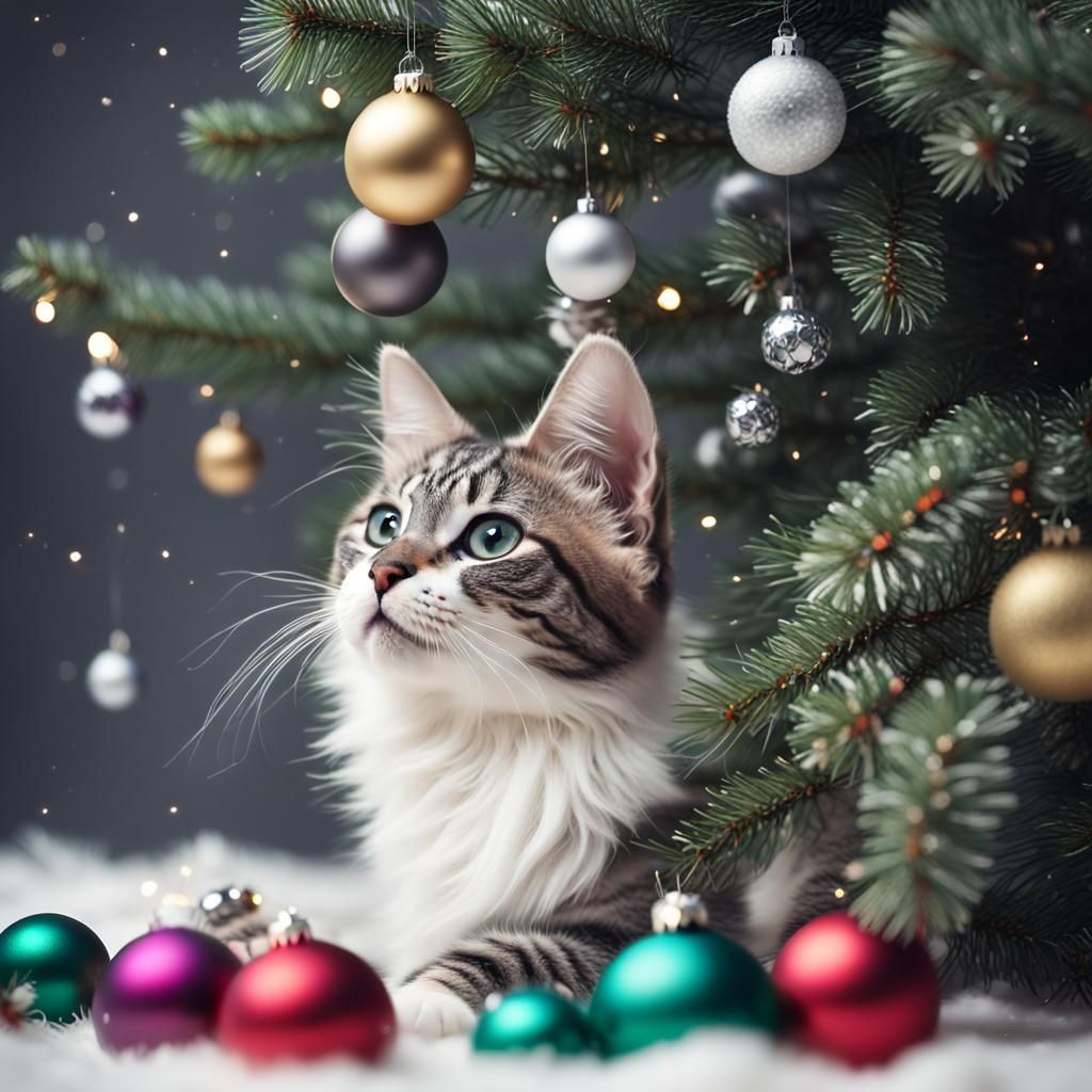 Playful Kitten with Christmas Tree Ornaments