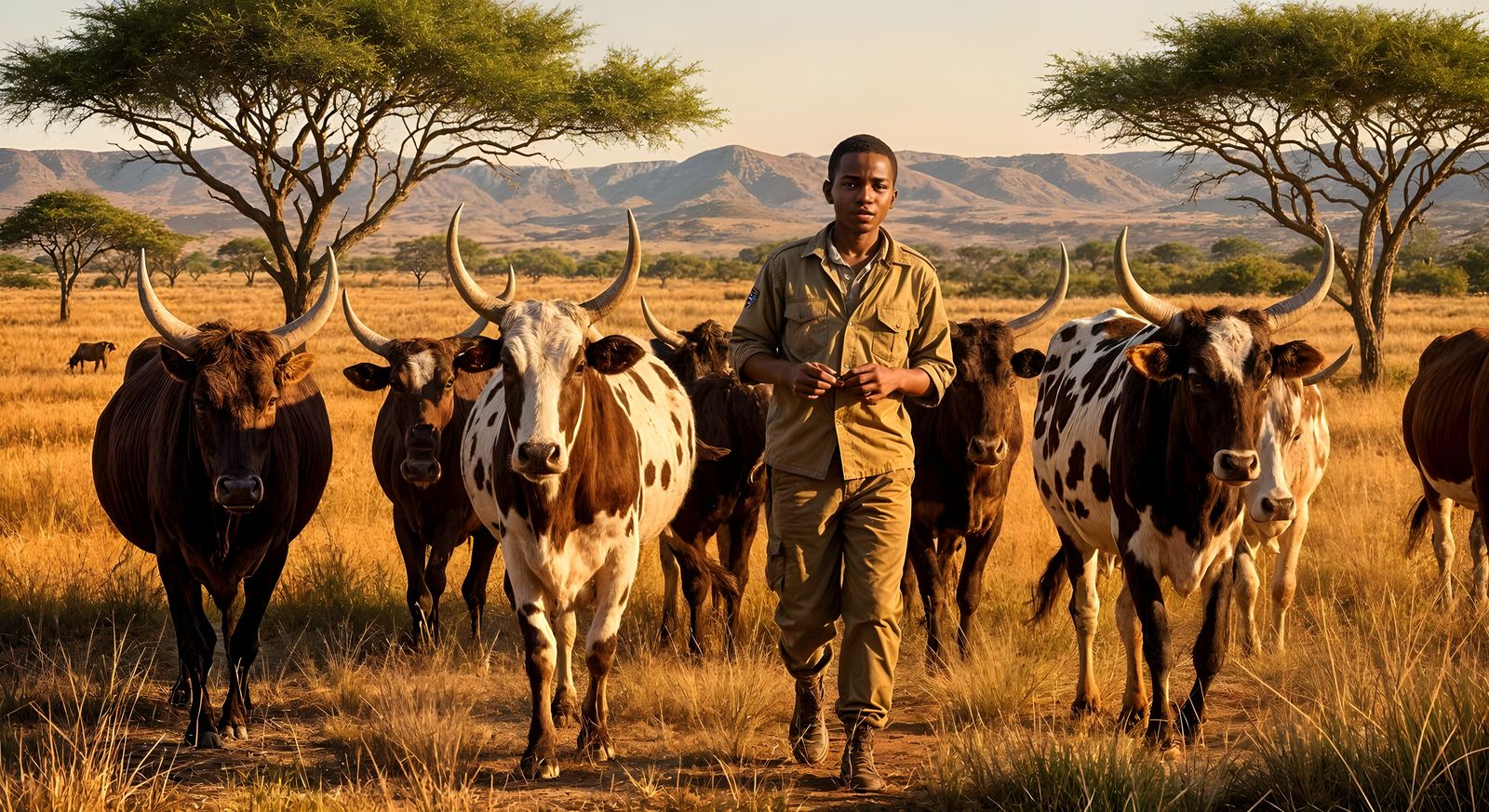 African Boy Herds Cattle on Savanna at Golden Hour