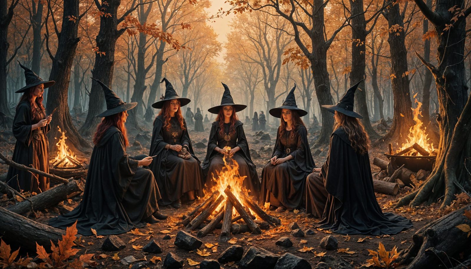 Witches Gathering Around Forest Fire at Samhain