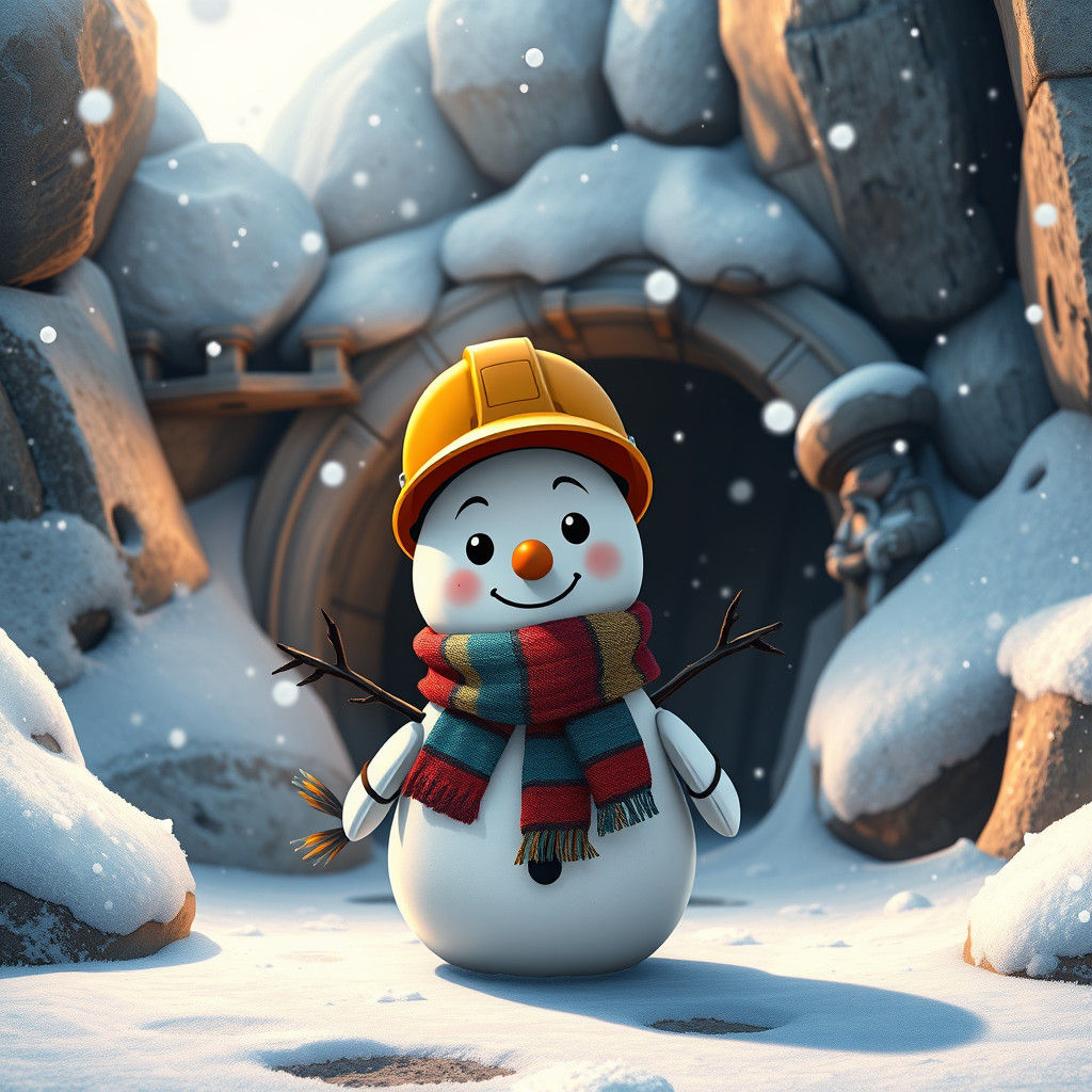 Chibi Snowman at Mine Entrance in Anime Style