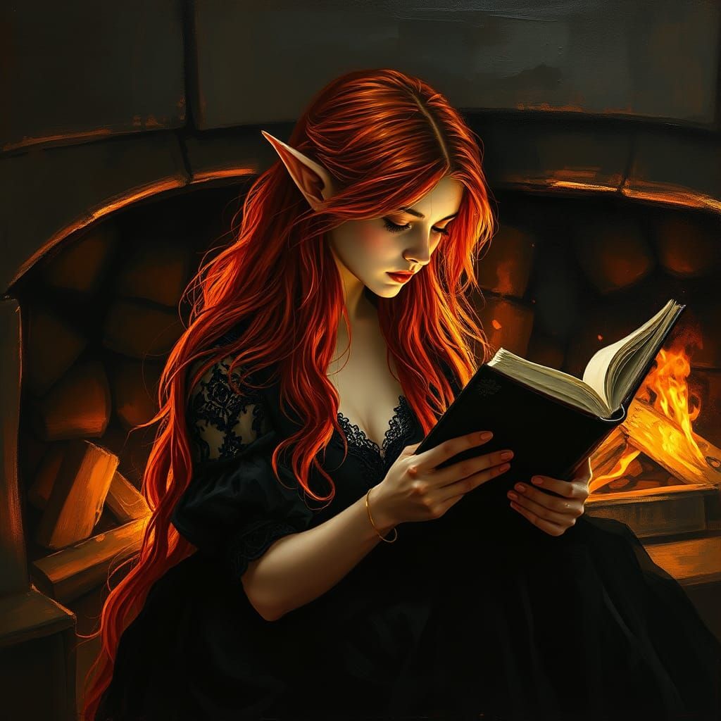 Elf Reading by Fireplace: Hyperrealistic Digital Art