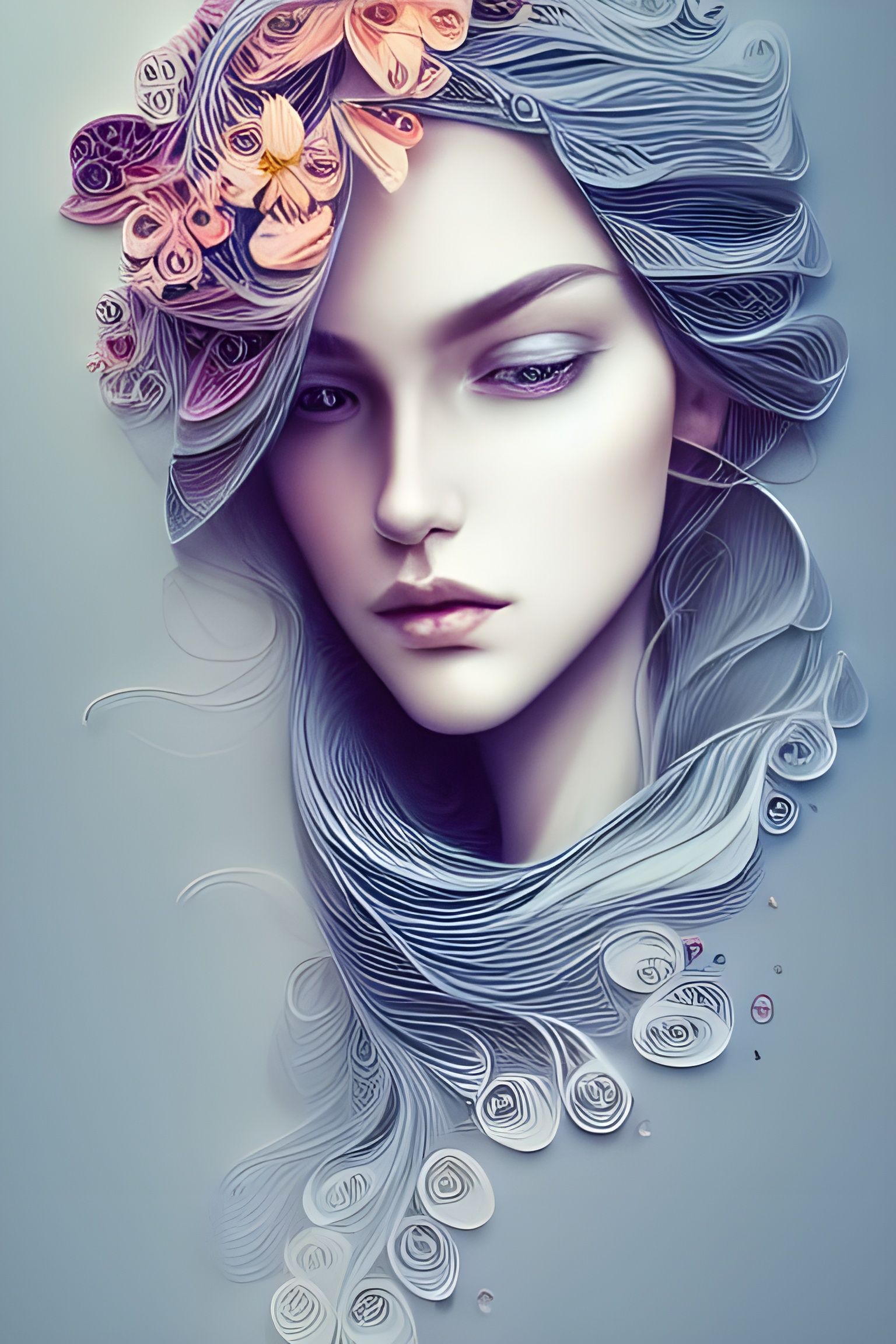 Hyperdetailed Young Man Profile with Flowing Floral Hair