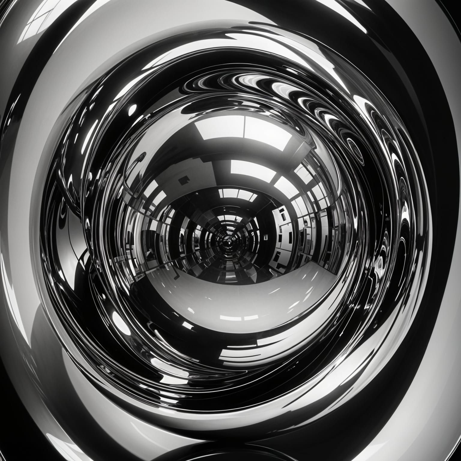 Surreal Chrome Sphere Optical Illusion with Spiral Reflectio...