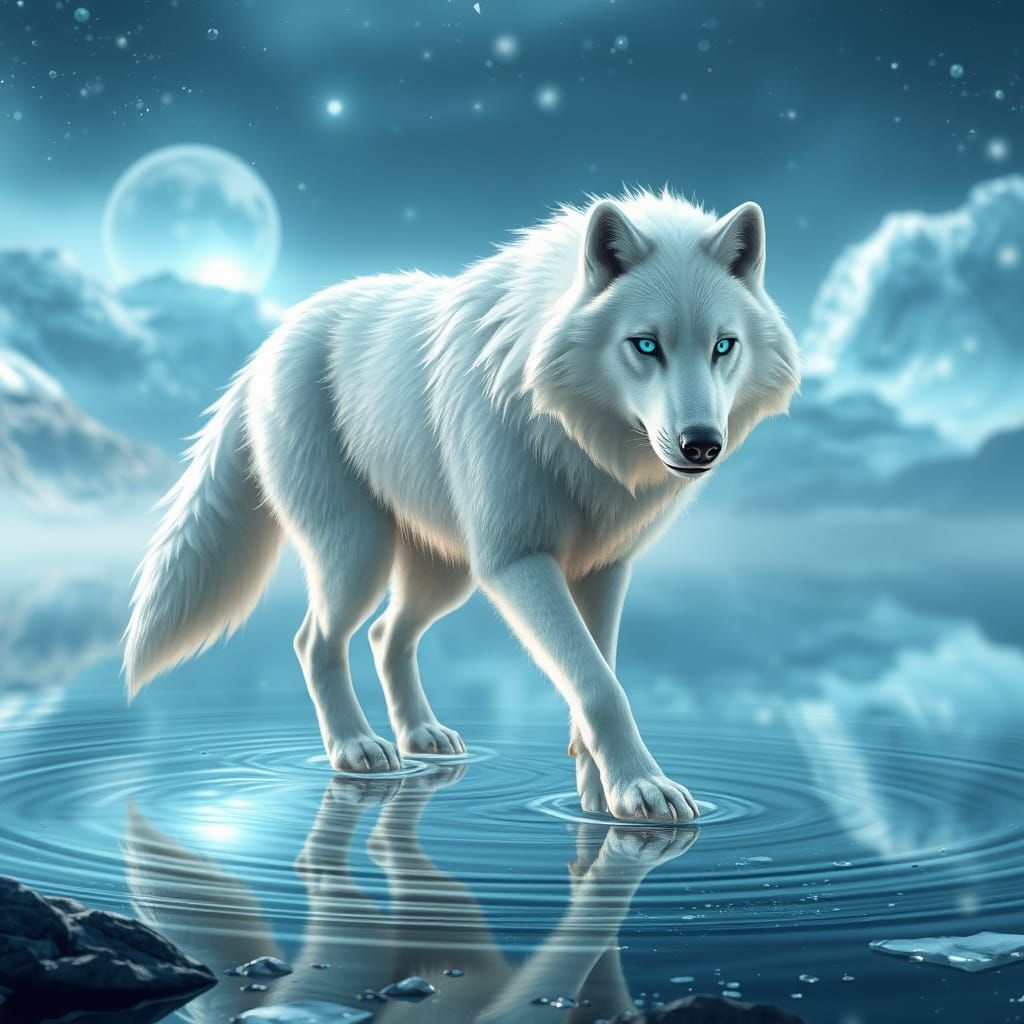 Ethereal White Wolf Walks on Crystal Lake in Anime Art Style