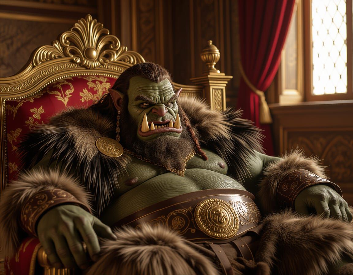 Fat Troll Rests on Roman Lectus in Cinematic Style