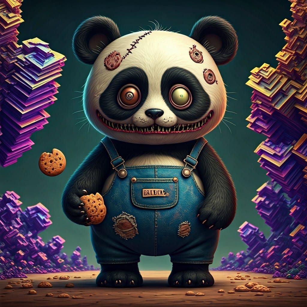 Whimsical Chibi Zombie Panda Cat Hybrid in Dungarees with Co...