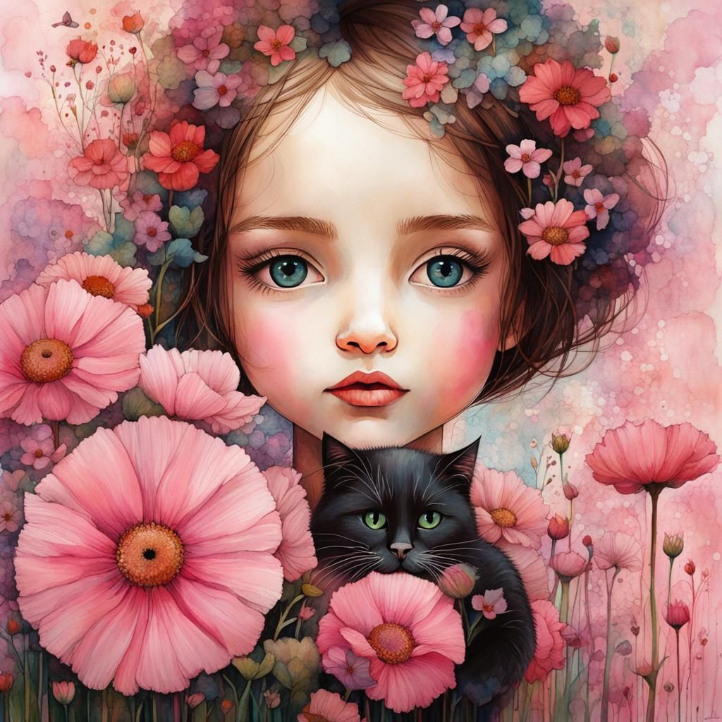 Girl with Cat in Flower Garden, Art Brut Style