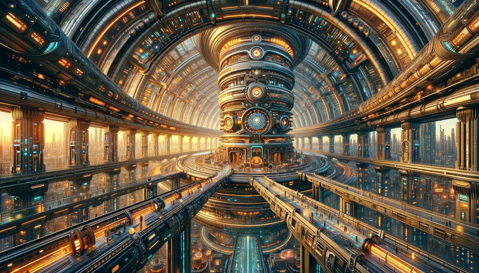 Retrofuturistic Alloy City with Spiral Tower