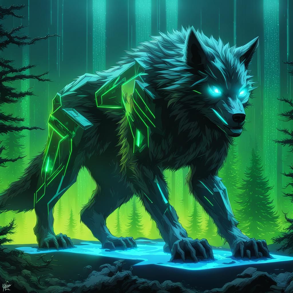Cyberpunk Werewolf in a Neon Forest