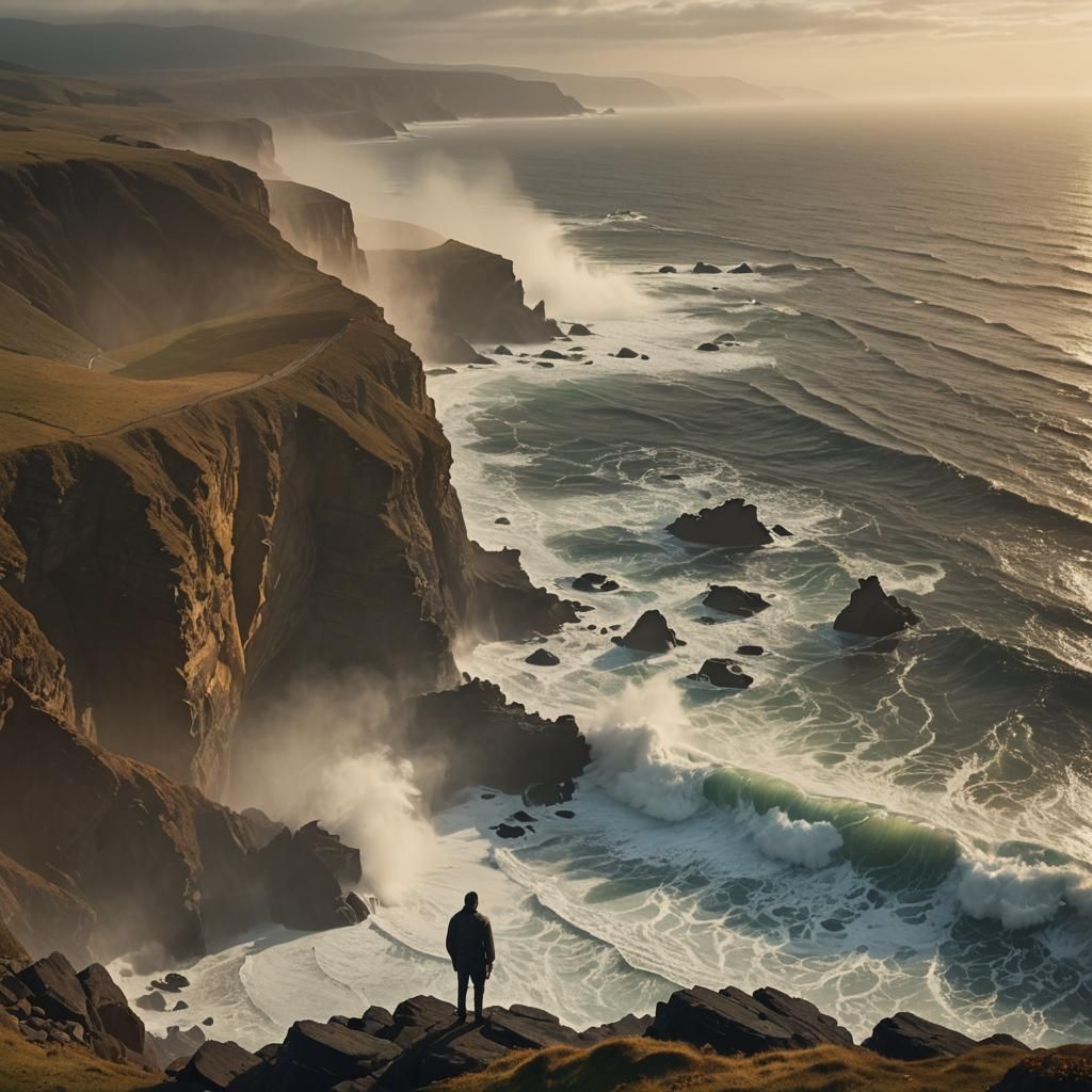 Lone Figure Gazing at Tempestuous Sea